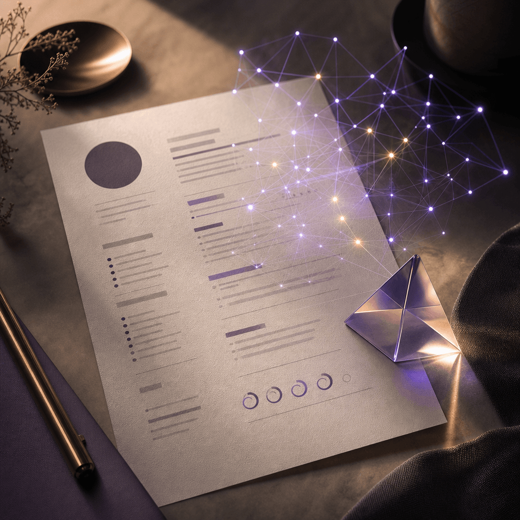 Printed resume with a luminous AI analysis network